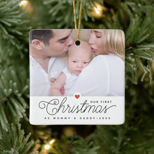 Our First Christmas Mom and Dad 2 Photos Ceramic Ornament (Tree)