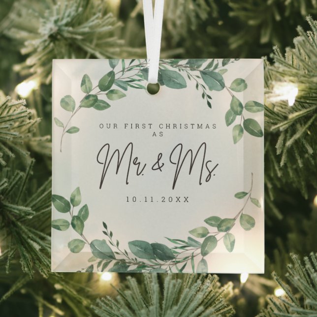 Our First Christmas Mr and Mrs Custom Date Glass Ornament (Insitu)
