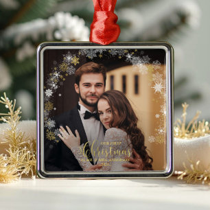 Our First Christmas Mr And Mrs Gilded Couple Photo Metal Ornament