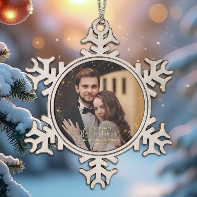 Our First Christmas Mr And Mrs Gilded Couple Photo Snowflake Pewter Christmas Ornament (Creator Uploaded)