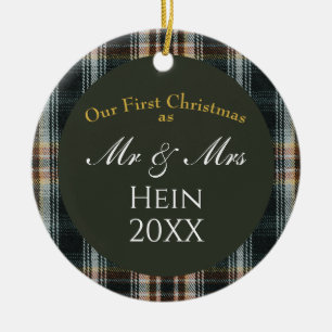 Our First Christmas Mr and Mrs Green Plaid Ceramic Ornament