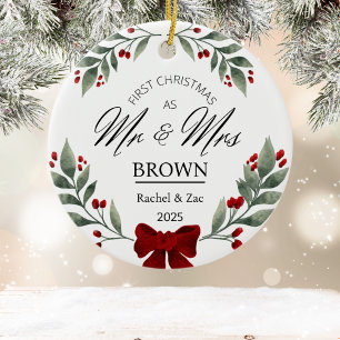 Our First Christmas Mr and Mrs Greenery Watercolor Ceramic Ornament