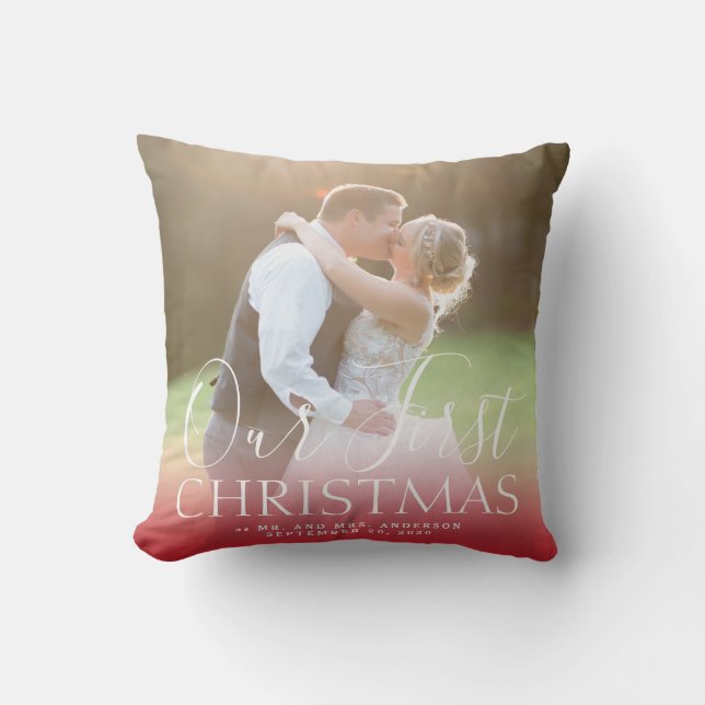 Our First Christmas Mr and Mrs Holiday Photo Throw Pillow (Front)