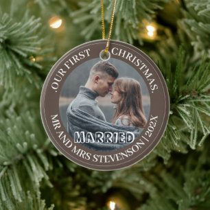 Our first Christmas Mr. and Mrs. newlywed elegant Ceramic Ornament