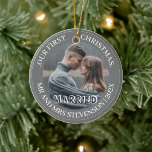 Our first Christmas Mr. and Mrs. newlywed elegant Ceramic Ornament