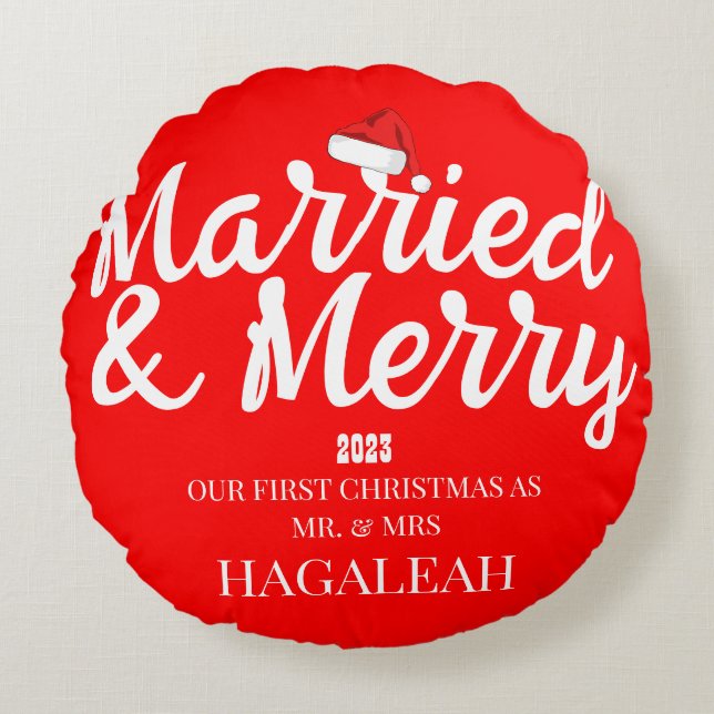 Our First Christmas Mr. and Mrs. Newlywed Merry Round Pillow (Front)