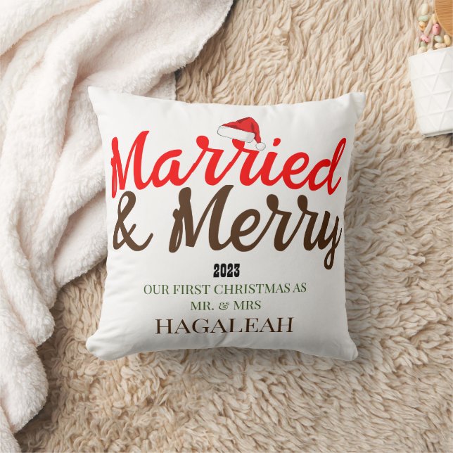 Our First Christmas Mr. and Mrs. Newlywed Merry Throw Pillow (Blanket)