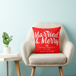Our First Christmas Mr. and Mrs. Newlywed Merry Throw Pillow