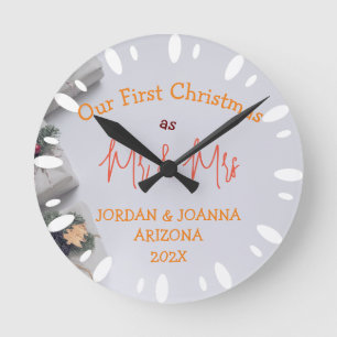 Our first Christmas Mr. and Mrs. newlywed White   Round Clock