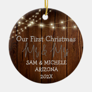 Our first Christmas Mr. and Mrs. newlywed wood   Ceramic Ornament