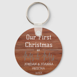 Our first Christmas Mr. and Mrs. newlywed wood Keychain