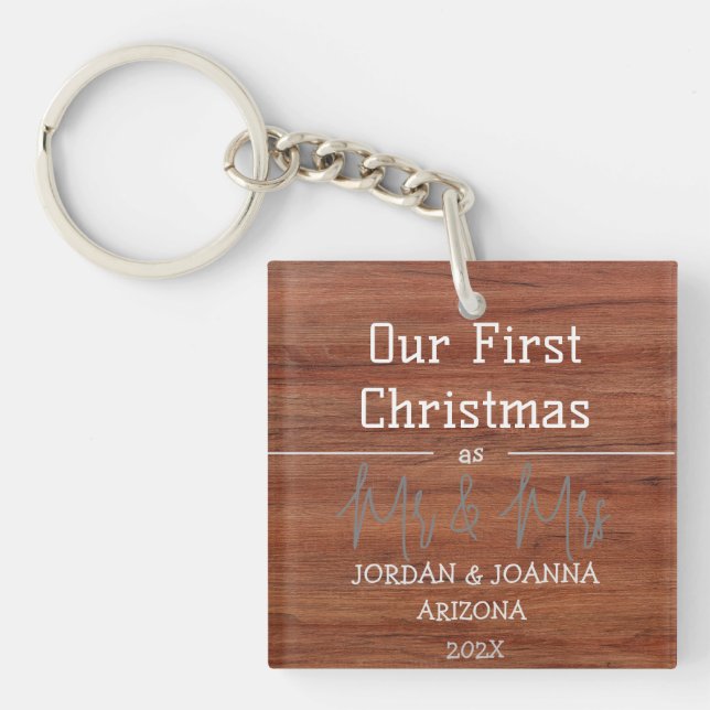 Our first Christmas Mr. and Mrs. newlywed wood  Keychain (Front)