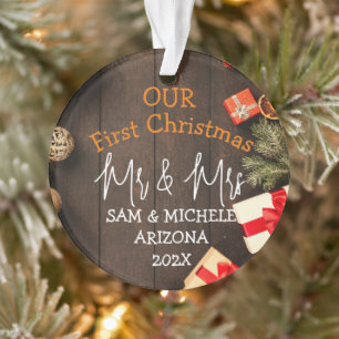 Our first Christmas Mr. and Mrs. newlywed wood  Ornament