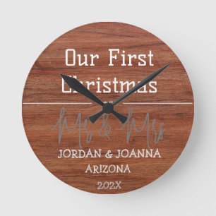 Our first Christmas Mr. and Mrs. newlywed wood  Round Clock