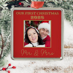 Our First Christmas Mr And Mrs Photo Red And Gold Metal Ornament<br><div class="desc">This red Mr & Mrs first christmas tree ornament has a photo of the happy couple on the front featuring gold elegant script and bold typography. To change the text and photo click on the personalize button.</div>