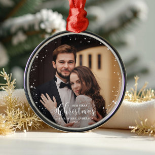 Our First Christmas Mr And Mrs Script Couple Photo Metal Ornament