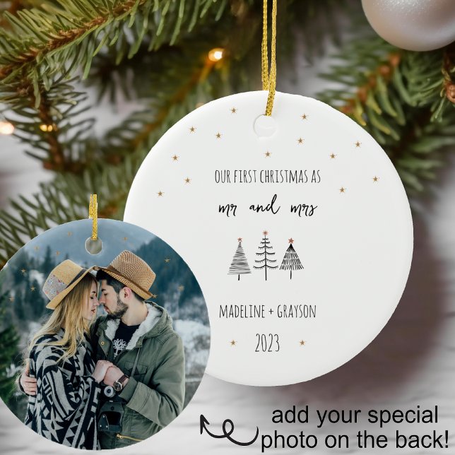 Our First Christmas Mr and Mrs Simple Trees Ceramic Ornament (Creator Uploaded)