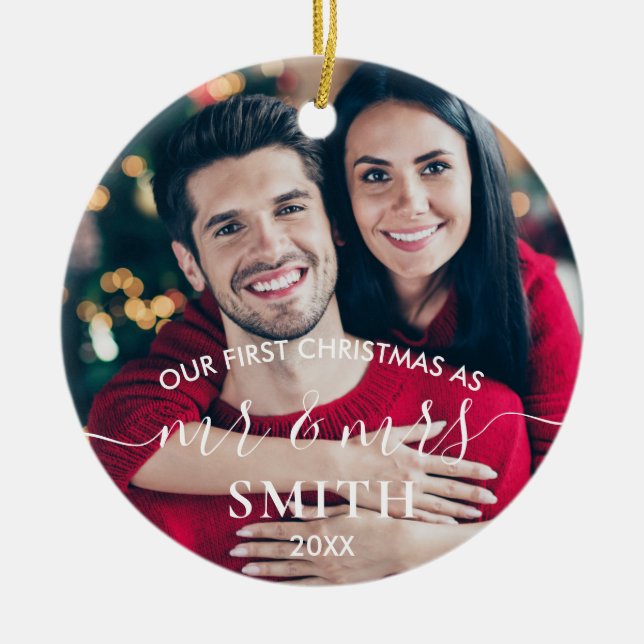 Our First Christmas Mr and Mrs Wedding Ceramic Orn Ceramic Ornament (Front)