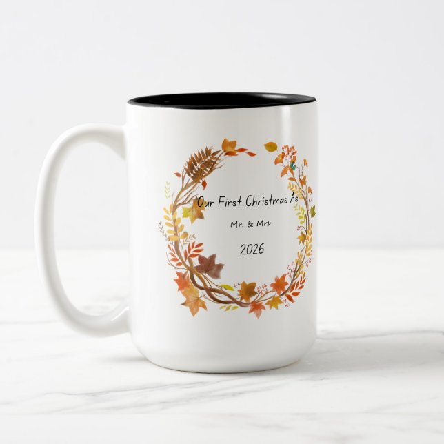 Our First Christmas Mr & Mrs 2026 Engagement Gift Two-Tone Coffee Mug (Left)