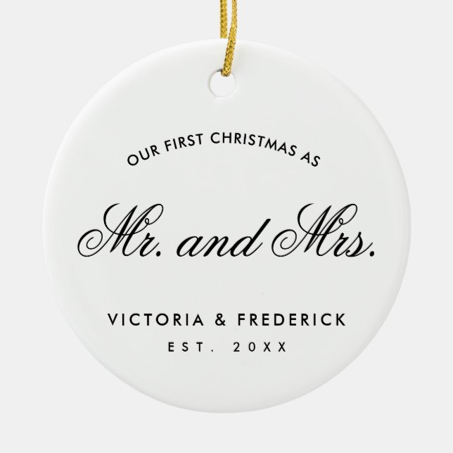 Our First Christmas Mr Mrs Black and White Photo Ceramic Ornament (Front)