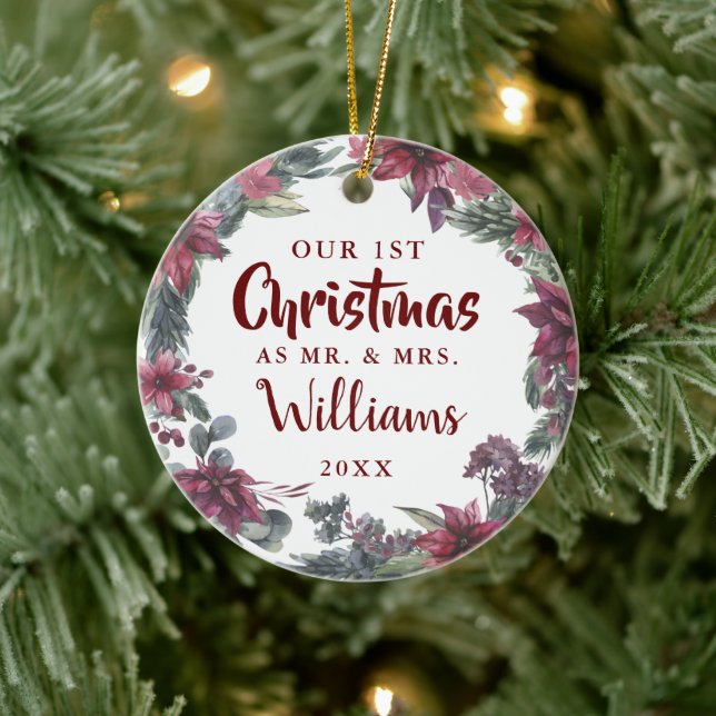 Our First Christmas Mr Mrs Floral Photo Ceramic Ornament (Tree)