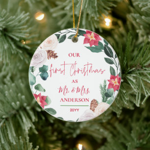 Our First Christmas Mr. & Mrs. Floral Wreath Photo Ceramic Ornament