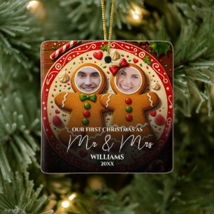 Our First Christmas Mr & Mrs Fun Gingerbread Photo Ceramic Ornament