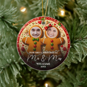 Our First Christmas Mr & Mrs Fun Gingerbread Photo Ceramic Ornament