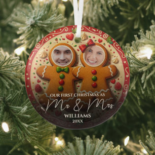 Our First Christmas Mr & Mrs Fun Gingerbread Photo Glass Ornament