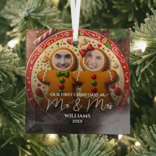 Our First Christmas Mr & Mrs Fun Gingerbread Photo Glass Ornament