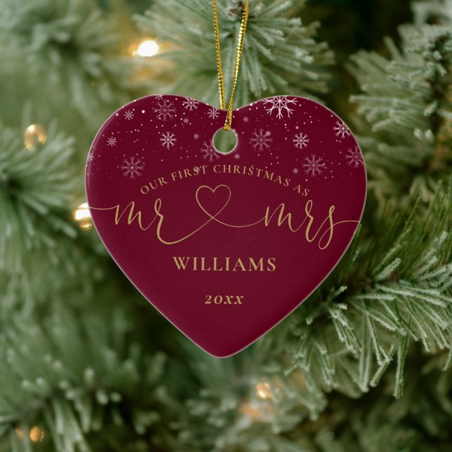 Our First Christmas Mr Mrs Gold Heart Script Snow Ceramic Ornament (Tree)