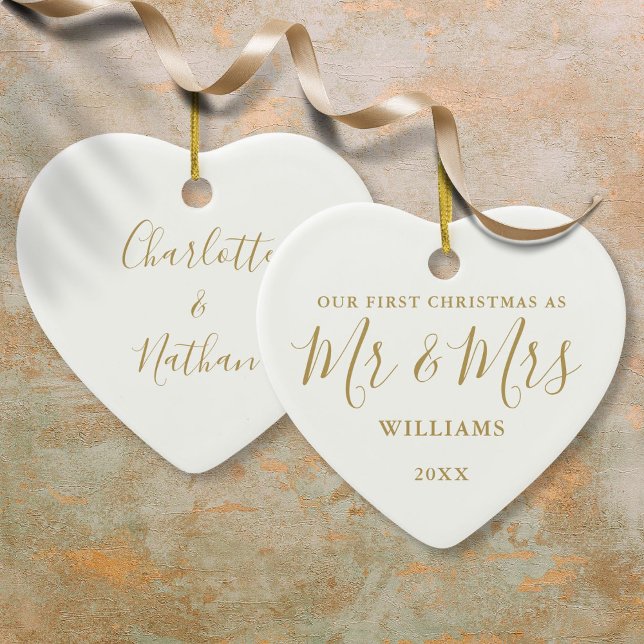 Our First Christmas Mr Mrs Gold Signature Script Ceramic Ornament (Our First Christmas Mr Mrs Gold Signature Script Ceramic Ornament)