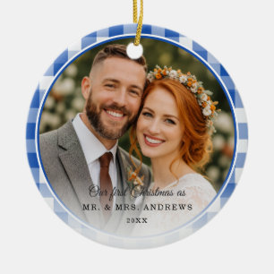 Our First Christmas-Mr. & Mrs. Photo Blue Gingham Ceramic Ornament