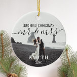 Our First Christmas Mr Mrs Photo Ceramic Ornament<br><div class="desc">Modern Gold First Christmas Mr Mrs Newlywed Christmas Ornament. Features simple modern elegant calligraphy script design. Personalize with your photos,  family name and adjust all text and colours. Christmas gift for newlyweds.</div>