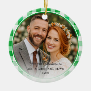 Our First Christmas-Mr. & Mrs. Photo Green Gingham Ceramic Ornament