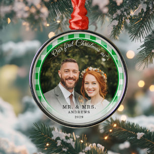 Our First Christmas-Mr. & Mrs. Photo Green Gingham Metal Ornament