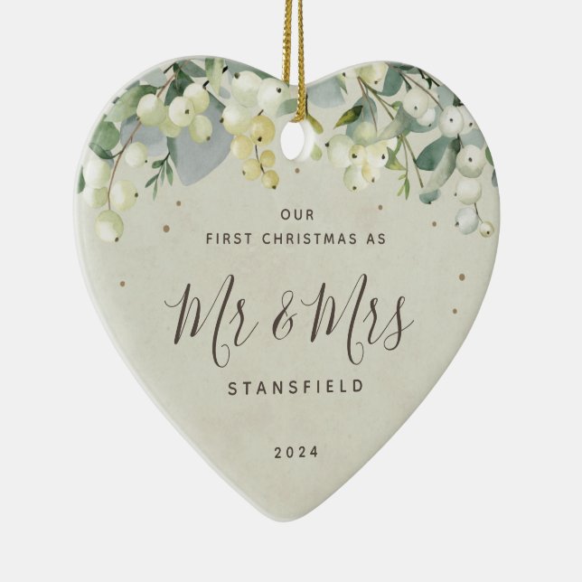 Our First Christmas Mr & Mrs Photo Heart Shaped Ceramic Ornament (Right)