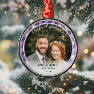 Our First Christmas-Mr.&Mrs. Photo Purple Gingham Metal Ornament