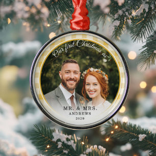 Our First Christmas-Mr.&Mrs. Photo Yellow Gingham Metal Ornament