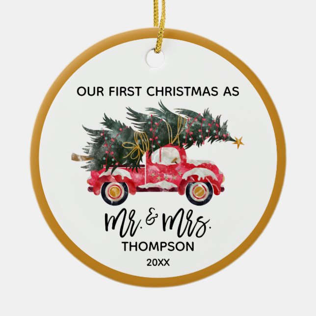 Our First Christmas Mr Mrs Red Truck Hand-Lettered Ceramic Ornament (Front)
