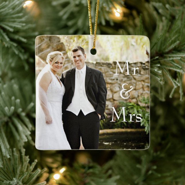 Our First Christmas Mr & Mrs Wedding Photo Ceramic Ornament (Tree)