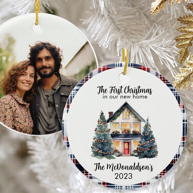 Our First Christmas New Home Farmhouse Chic Navy   Ceramic Ornament (First Christmas in our new home watercolor house navy farmhouse chic country checked custom photo)