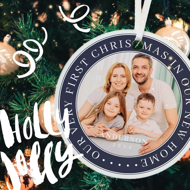  Our First Christmas New Home Modern Family Photo Metal Ornament (Creator Uploaded)