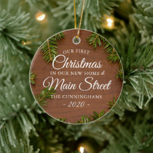 Our First Christmas New Home Rustic Pine Wood Ceramic Ornament