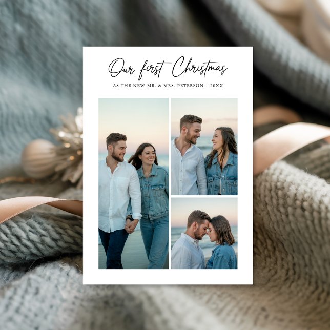 Our First Christmas Newlywed Beach Sunset 3 Photo Holiday Card (Creator Uploaded)