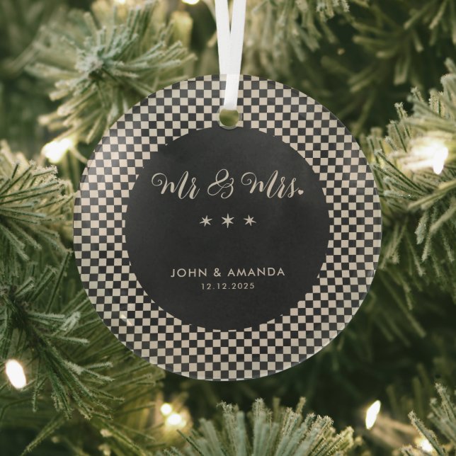 Our First Christmas Newlywed Retro Mr and Mrs Glass Ornament (Insitu)