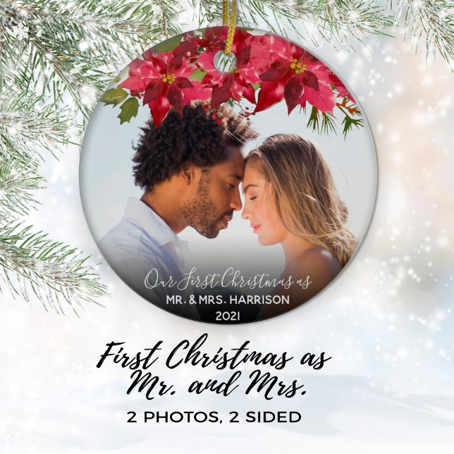 Our First Christmas Newlyweds 2 Photo Floral Ceramic Ornament (Creator Uploaded)