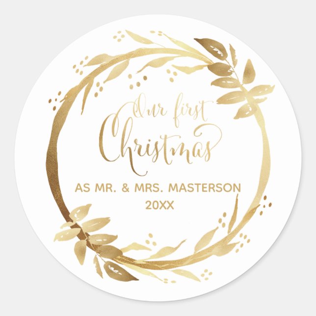 Our First Christmas Newlyweds Gold White Classic Round Sticker (Front)