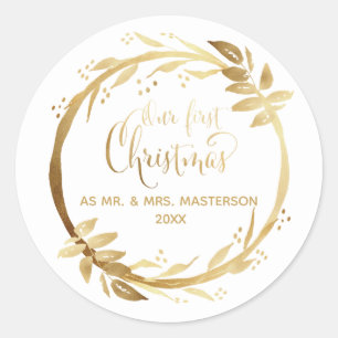 Our First Christmas Newlyweds Gold White Classic Round Sticker