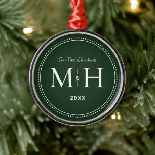 Our First Christmas Newlyweds Monogram Green Metal Ornament